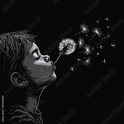 young child blowing on a dandelion, sending seeds into the air sketch engraving generative ai fictional character vector illustration