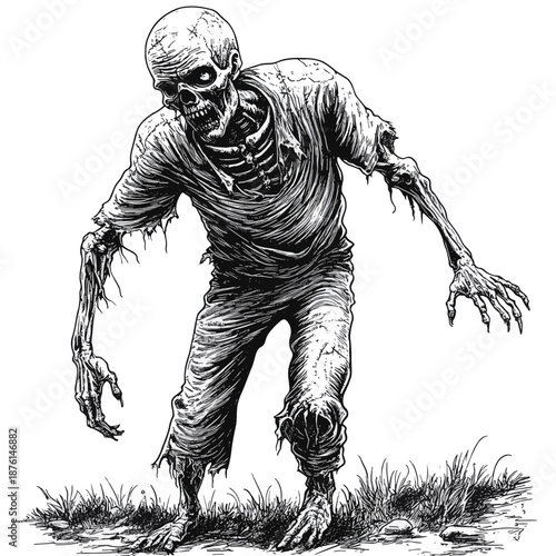 zombie walking at Halloween party sketch engraving generative ai fictional character raster illustration. Scratch board. Black and white image , vector style simple color