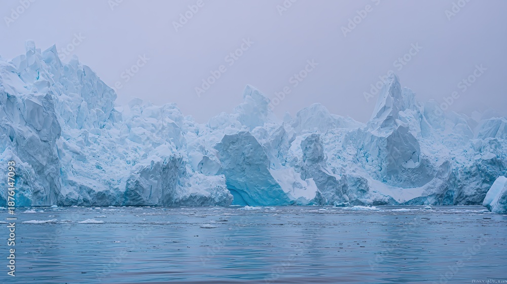 Obraz premium A vast Antarctic glacier with a massive, geometric blue void in the ice, under a troubled, melancholic sky.