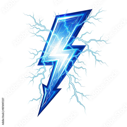 Electric blue lightning bolt with dynamic cracks on black background