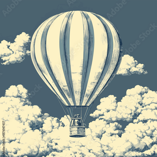 striped hot air balloon floating in the sky, surrounded by fluffy clouds in retro style sketch engraving generative ai vector illustration
