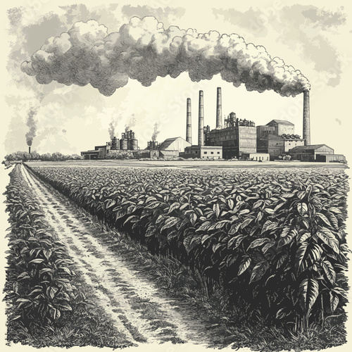 tobacco plantation with large factory buildings and smoking chimneys in the background sketch engraving generative ai vector illustration