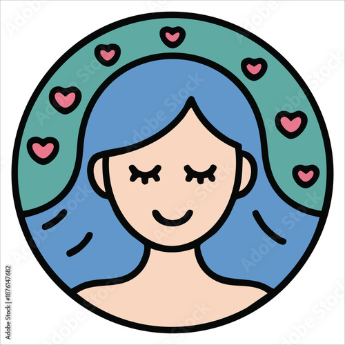 Avatar in circle of cute smiling girl with blue hair isolated vector illustration on white background