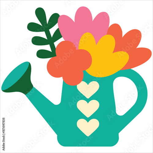 Colorful watering can with flowers isolated vector illustration on white background