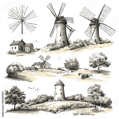 windmills surrounded by fields, trees, and countryside scenes Set collection bundle sketch engraving generative ai vector illustration