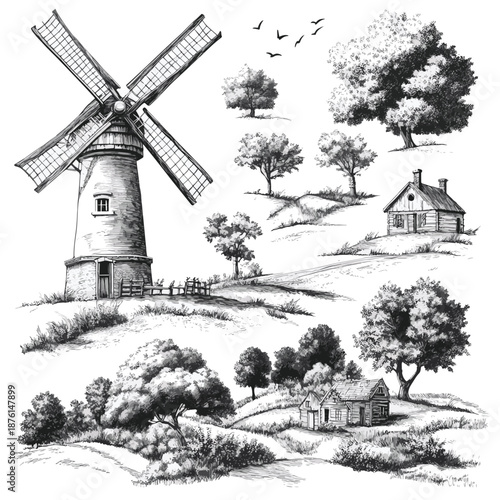 windmills surrounded by fields, trees, and countryside scenes Set collection bundle sketch engraving generative ai vector illustration