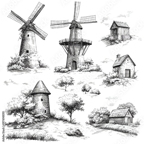 windmills surrounded by fields, trees, and countryside scenes Set collection bundle sketch engraving generative ai vector illustration