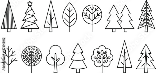 Vector line icons set depicting various tree shapes, forest elements, nature symbols, and seasonal botanical design for outdoor landscapes, eco themes, and environmental concepts.