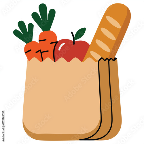 Paper bag full of food for grocery delivery concept flat design vector illustration