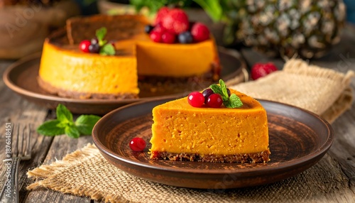 Delicious pumpkin cheesecake with fresh berries on top