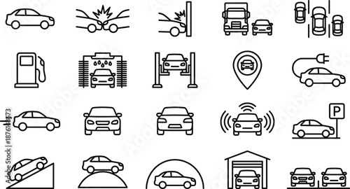 Vector line icons set representing cars, driving, parking, electric charging, car wash, maintenance, crashes, fueling, and automotive services for transport, mobility, and vehicle-related concepts.