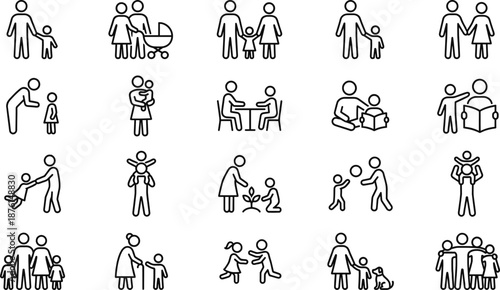 Vector line icons set showing family, parenting, children activities, caregiving, education, bonding, and multi-generation relationships for lifestyle, childhood development, wellbeing