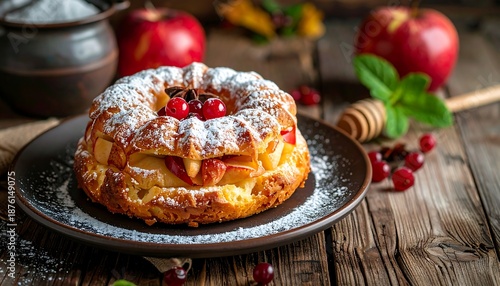 Delicious apple cake with powdered sugar and fresh berries on plate
