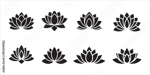 Collection of lotus flower icon set in black and white