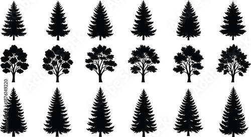 Black Tree Silhouette Icon Set with Pine Spruce and Deciduous Trees Isolated on White Background for Nature Landscape and Forest Design