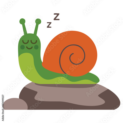 Funny cute snail sleeping on rock cartoon kids drawing style vector graphic