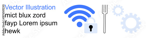 Digital security, internet privacy, online networks, system optimization, cybersecurity tools, secure communication. wireless signal with lock, gears and fork symbols. Digital security and internet