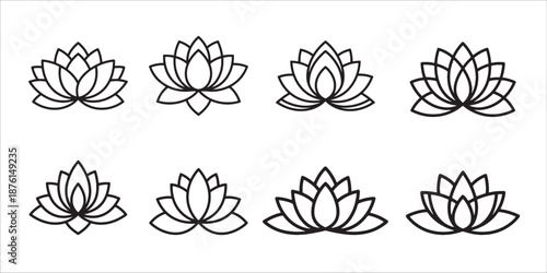 Collection of lotus flowers in simple line art style