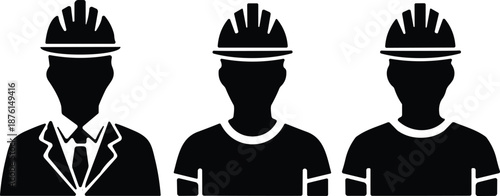 Set of construction worker silhouettes with hard hats for labor industry professional engineering and building project cad drawing flat vector illustration design