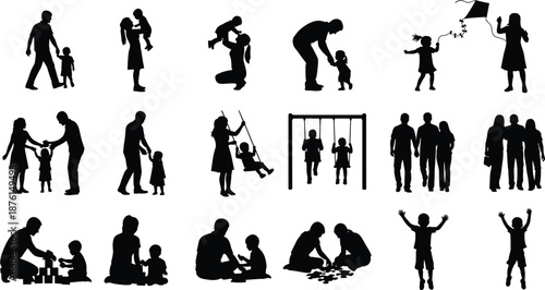 Collection of Black Family Silhouettes Showing Parents and Children Playing at the Playground Walking and Bonding on White Isolated Background