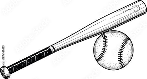Baseball bat and ball line art design isolated on white background for sports competition equipment icons cad drawing flat vector illustration elements