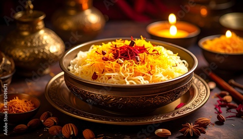 Traditional Indian dessert with saffron and nuts in golden bowl