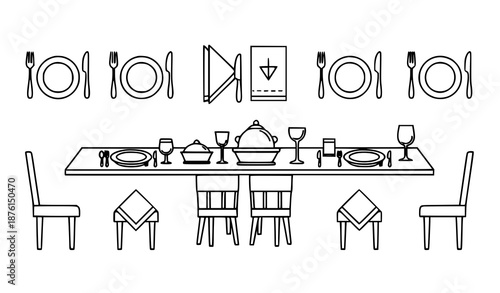Dinner table line icons vector set in black for restaurant apps and menu design