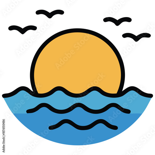 Summer seascape with sea sun wave seagulls vector illustration
