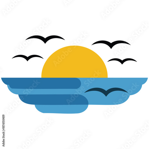 Seascape with blue sea sun wave seagulls summer sign vector