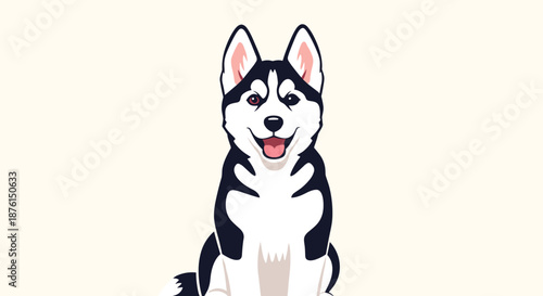 Happy Siberian Husky dog with heterochromia, featuring one blue eye and one brown eye, sits patiently with a friendly smile.