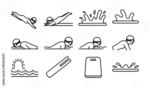 Editable stroke swimming icons vector set in line style for apps, infographics, and sports design