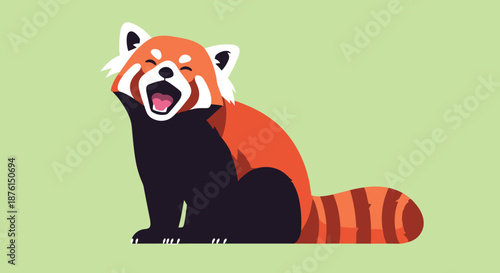 Cheerful red panda character with its mouth wide open in a happy laugh or a big yawn, sitting on a solid green background.