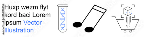 Biotechnology, science research, music creation, e-commerce, digital innovation, online shopping. A test tube with DNA strand, music note and digital shopping cart icon. Biotechnology and music