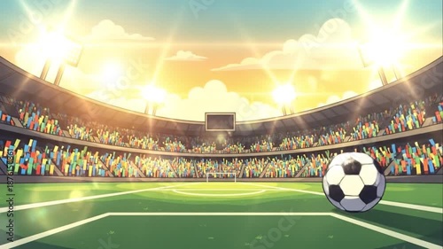 Soccer Stadium Field with Ball at Sunset Cartoon Style
