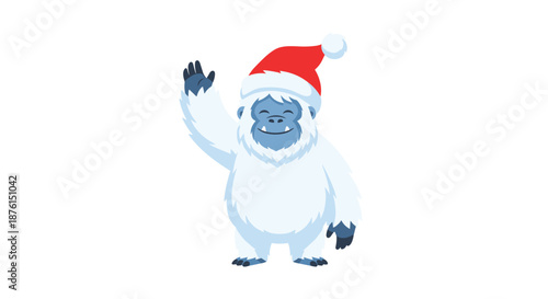 Friendly and smiling white yeti character wearing a festive red Santa Claus hat waves a happy greeting for the holidays.