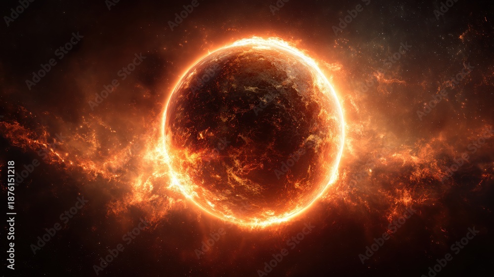 Fototapeta premium Fiery planet in space with surrounding nebula