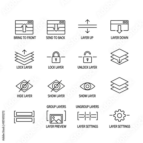 Layer Management Icons for Graphic Design Software.
