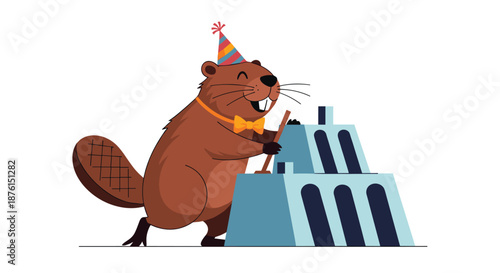 Happy cartoon beaver wearing a party hat and bowtie celebrates a birthday by building a dam that resembles a tiered cake.
