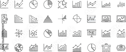 Business analytics and data visualization line icon set with charts graphs statistics dashboard and financial analysis symbols