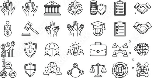 Business ethics and social responsibility line icon set with governance trust justice community and corporate responsibility symbols