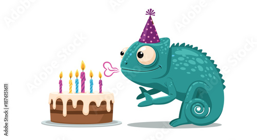 Happy green chameleon wearing a purple party hat celebrates its birthday by blowing out the candles on a chocolate cake.