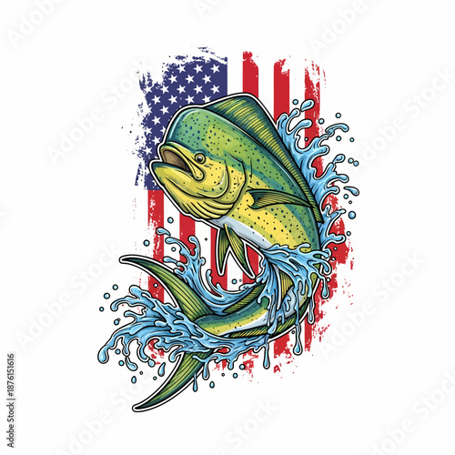 Mahi mahi dorado fish jumping with splash water and American flag background
