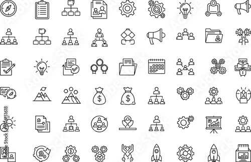 Business management icons set line style, teamwork strategy leadership startup planning workflow symbols, minimal outline vector for web app UI