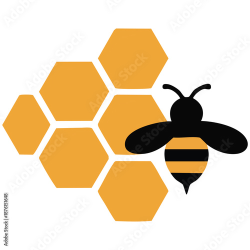 Vector illustration of a bee in front of honeycomb background for farming or ecology isolated on white background
