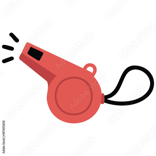 Hand drawn cartoon red whistle flat design vector illustration for sports or safety isolated on white background