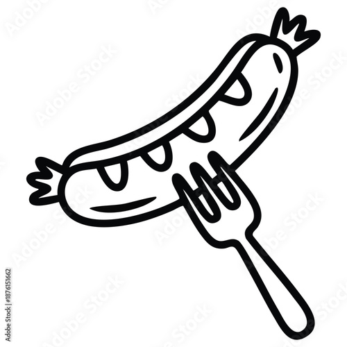 Hand drawn doodle of a fried sausage on a fork for food and cooking vector illustration isolated on white background