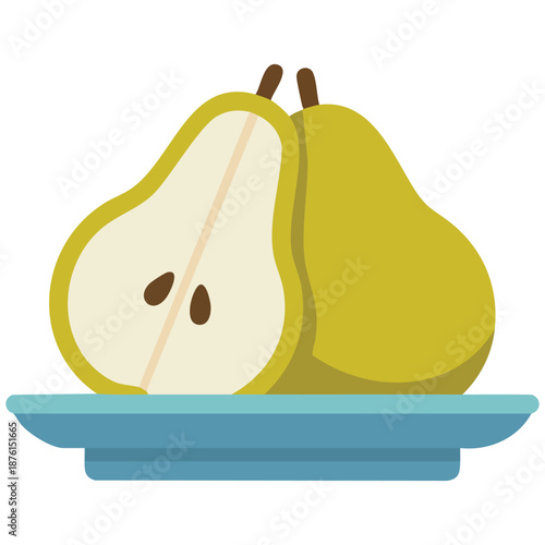 Cartoon vector illustration of pieces of pear fruit arranged on a plate isolated on white background