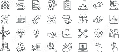 Business strategy and management line icon set with planning teamwork leadership startup growth and success symbols