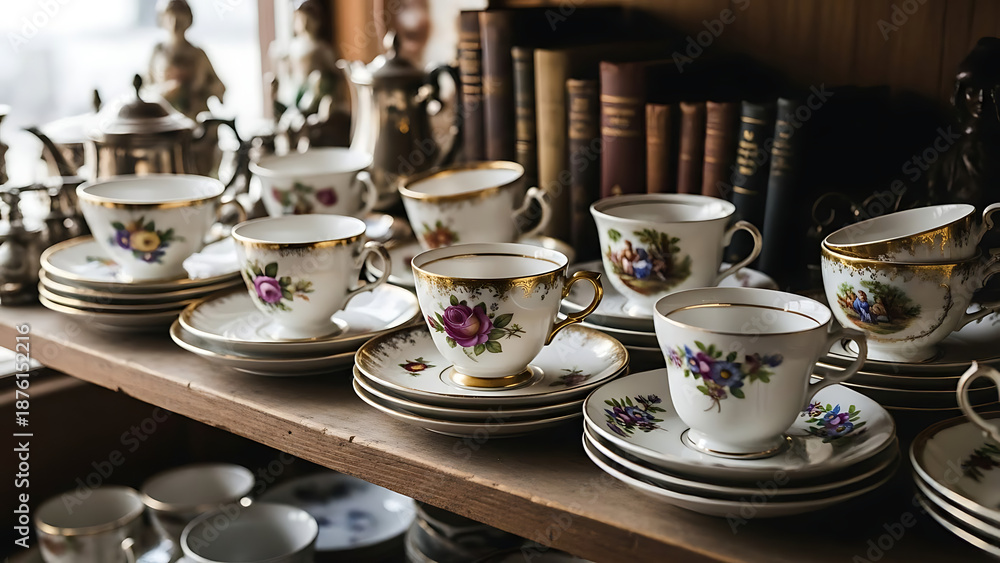 Fototapeta premium Vintage tea cups and saucers on a wooden shelf.