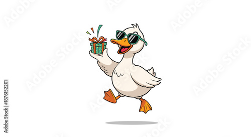 Cool cartoon duck wearing sunglasses is happily jumping or dancing while holding a beautifully wrapped green gift box.